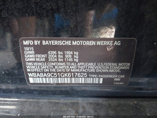 45577634 :رقم المزاد ، WBA8A9C51GK617625 vin ، 2016 Bmw 320i مزاد بيع