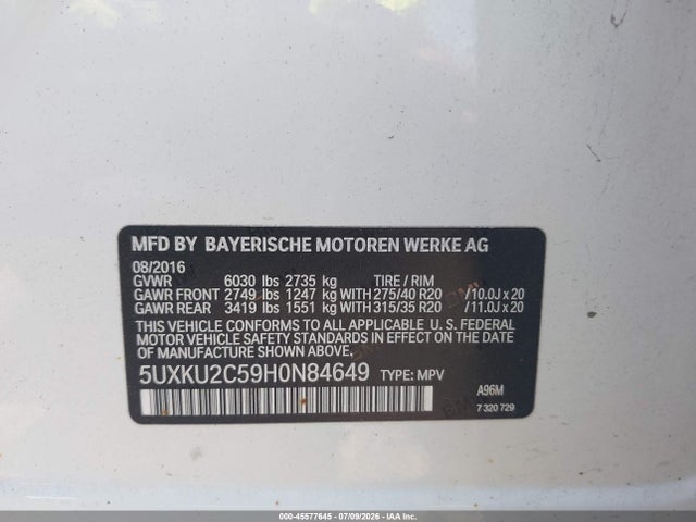 2017 Bmw X6 Xdrive35i მანქანა იყიდება აუქციონზე, vin: 5UXKU2C59H0N84649, აუქციონის ნომერი: 45577645