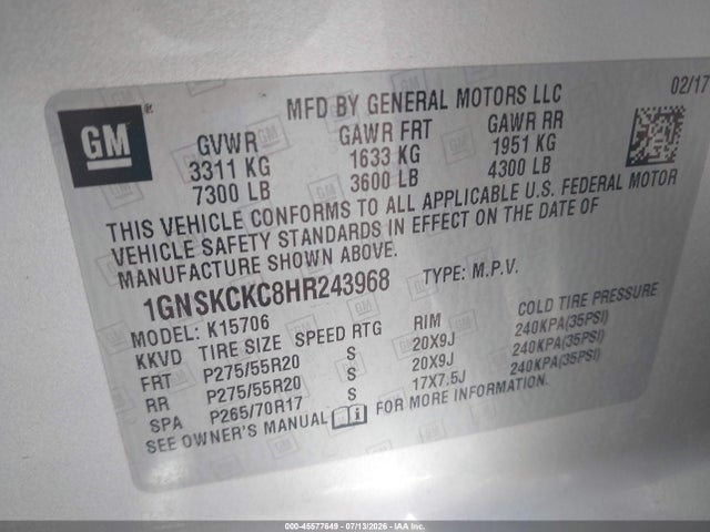 45577649 :رقم المزاد ، 1GNSKCKC8HR243968 vin ، 2017 Chevrolet Tahoe Premier مزاد بيع