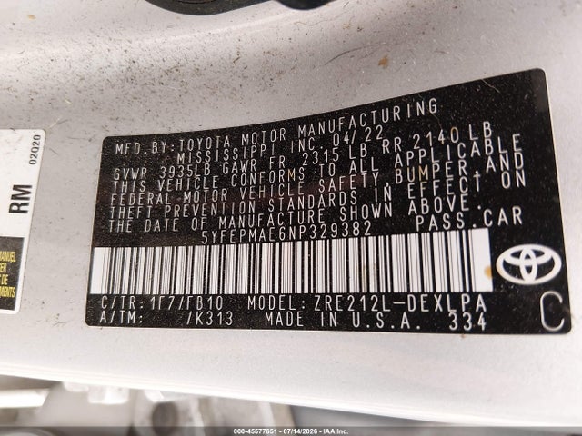45577651 :رقم المزاد ، 5YFEPMAE6NP329382 vin ، 2022 Toyota Corolla Le مزاد بيع