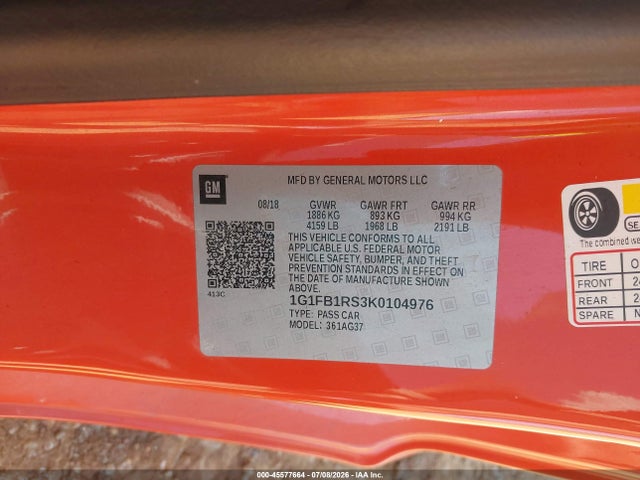Продаж на аукціоні авто 2019 Chevrolet Camaro 1lt, vin: 1G1FB1RS3K0104976, номер лоту: 45577664