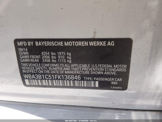 Продаж на аукціоні авто 2015 Bmw 320i, vin: WBA3B1C51FK136846, номер лоту: 45577681