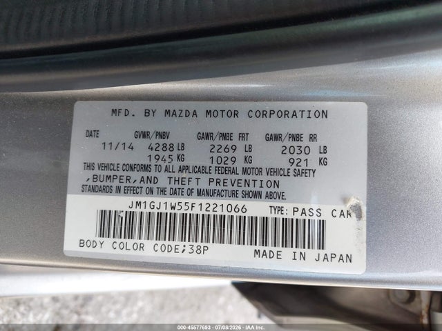 2015 Mazda Mazda6 I Grand Touring მანქანა იყიდება აუქციონზე, vin: JM1GJ1W55F1221066, აუქციონის ნომერი: 45577693