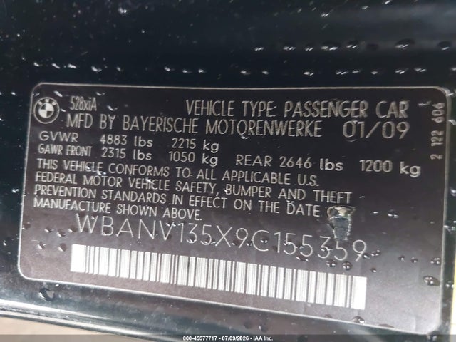 Auction sale of the 2009 Bmw 528i Xdrive, vin: WBANV135X9C155359, lot number: 45577717