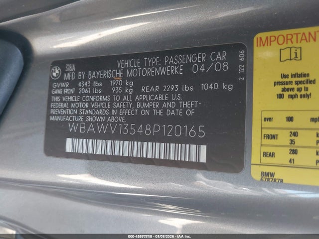 Aukcja sprzedaży 2008 Bmw 328i, vin: WBAWV13548P120165, numer aukcji: 45577718