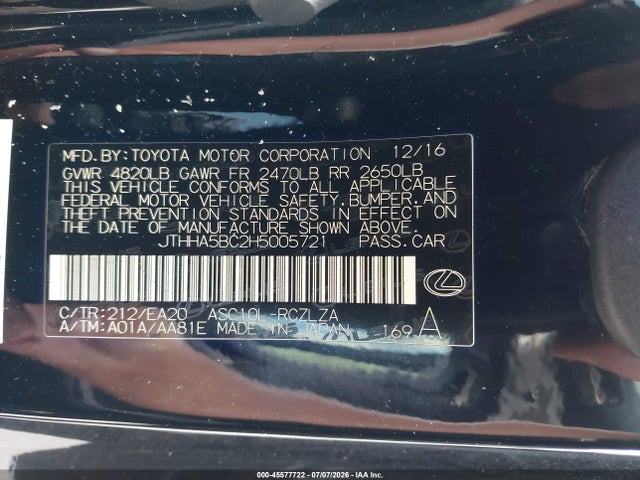 Продаж на аукціоні авто 2017 Lexus Rc 200t, vin: JTHHA5BC2H5005721, номер лоту: 45577722