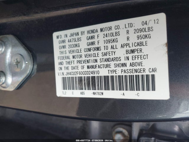45577724 :رقم المزاد ، JH4CU2F60CC024910 vin ، 2012 Acura Tsx 2.4 مزاد بيع