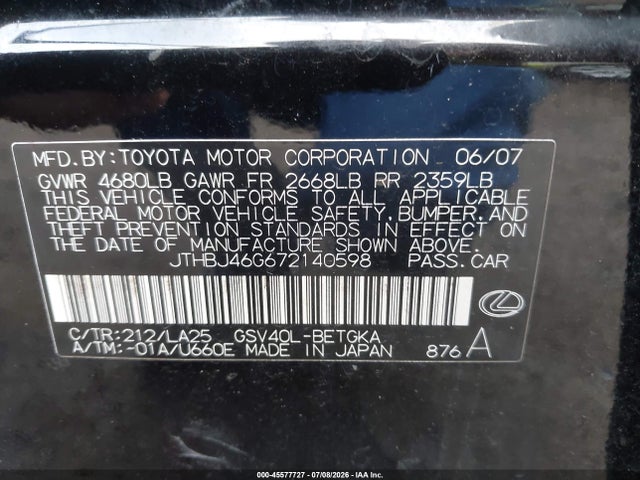Продажа на аукционе авто 2007 Lexus Es 350, vin: JTHBJ46G672140598, номер лота: 45577727