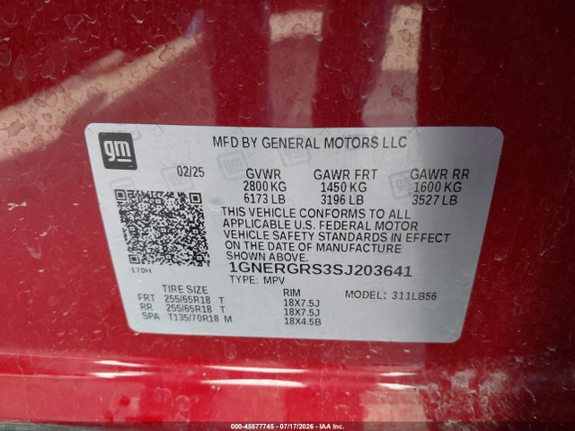 2025 Chevrolet Traverse Fwd Lt მანქანა იყიდება აუქციონზე, vin: 1GNERGRS3SJ203641, აუქციონის ნომერი: 45577745