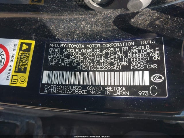 Aukcja sprzedaży 2014 Lexus Es 350, vin: JTHBK1GG3E2099421, numer aukcji: 45577746