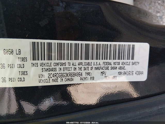 Aukcja sprzedaży 2019 Dodge Grand Caravan Se, vin: 2C4RDGBG3KR684064, numer aukcji: 45577752