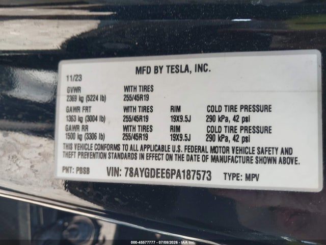 Продаж на аукціоні авто 2023 Tesla Model Y Awd/long Range Dual Motor All-wheel Drive, vin: 7SAYGDEE6PA187573, номер лоту: 45577777
