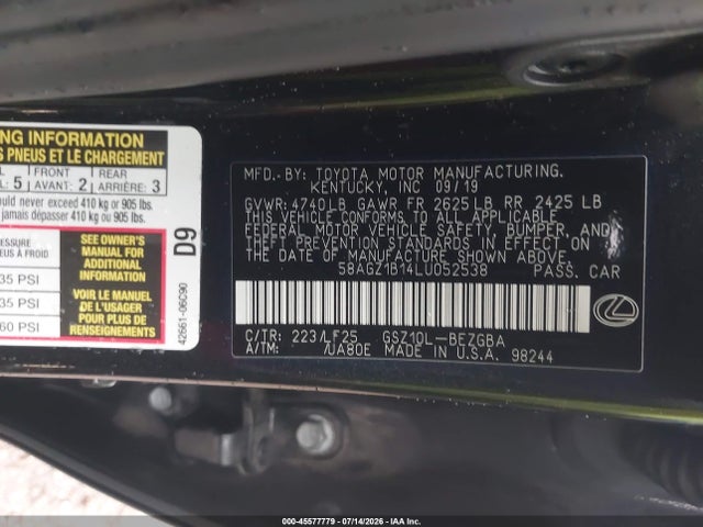 Продаж на аукціоні авто 2020 Lexus Es 350 F Sport, vin: 58AGZ1B14LU052538, номер лоту: 45577779