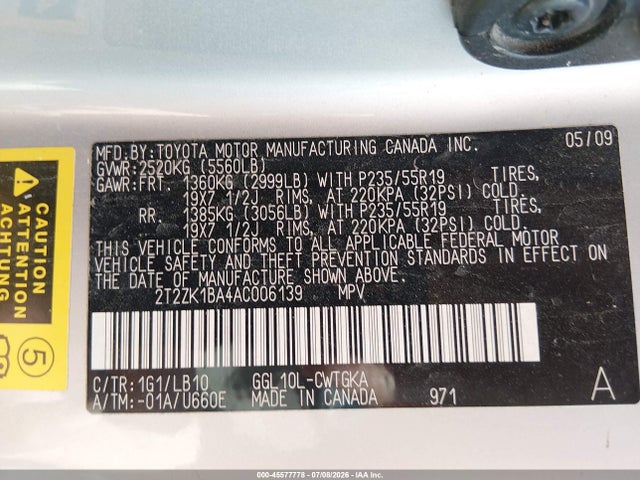 2010 Lexus Rx 350 მანქანა იყიდება აუქციონზე, vin: 2T2ZK1BA4AC006139, აუქციონის ნომერი: 45577778