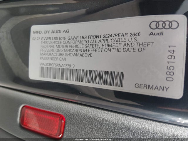 2022 Audi A5 Sportback Premium Plus 40 Tfsi Quattro S Tronic მანქანა იყიდება აუქციონზე, vin: WAUCBCF5XNA027913, აუქციონის ნომერი: 45577782