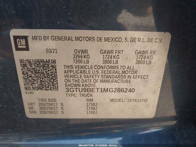 Aukcja sprzedaży 2021 Gmc Sierra 1500, vin: 3GTU9BET1MG286240, numer aukcji: 45577789