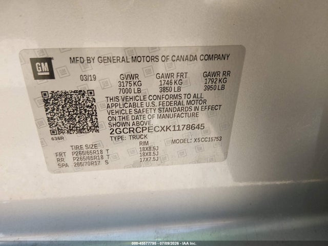 45577795 :رقم المزاد ، 2GCRCPECXK1178645 vin ، 2019 Chevrolet Silverado 1500 Ld Lt مزاد بيع