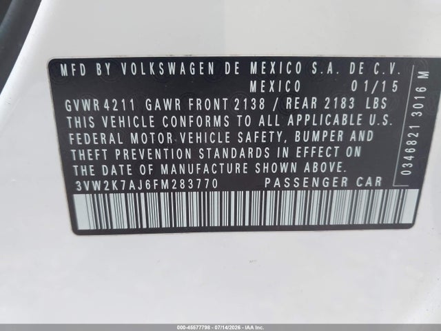 Продажа на аукционе авто 2015 Volkswagen Jetta 2.0l S, vin: 3VW2K7AJ6FM283770, номер лота: 45577798