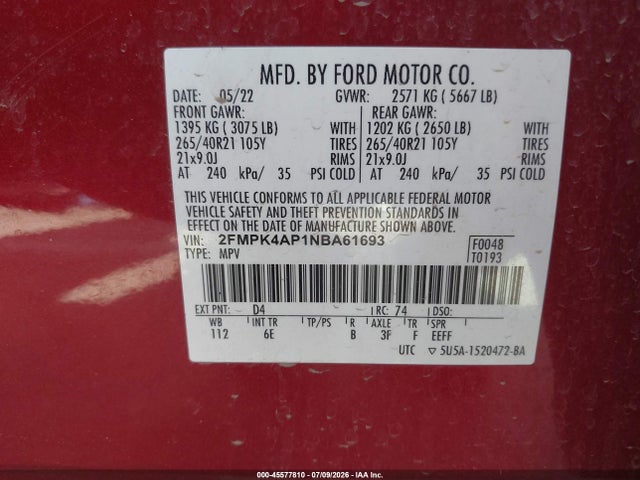 Ford EDGE ST 2022 2FMPK4AP1NBA61693 Image 9