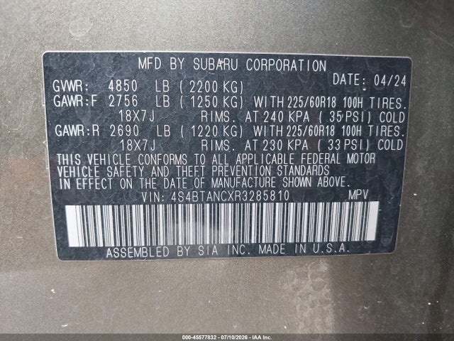 45577832 :رقم المزاد ، 4S4BTANCXR3285810 vin ، 2024 Subaru Outback Limited مزاد بيع