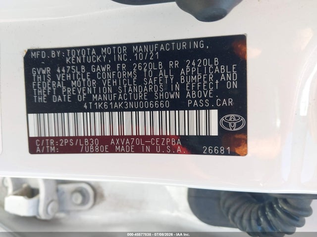 Продажа на аукционе авто 2022 Toyota Camry Xse, vin: 4T1K61AK3NU006660, номер лота: 45577838