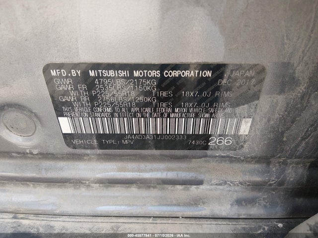 2018 Mitsubishi Outlander Se მანქანა იყიდება აუქციონზე, vin: JA4AD3A31JJ002333, აუქციონის ნომერი: 45577841