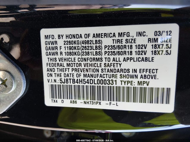 Aukcja sprzedaży 2013 Acura Rdx, vin: 5J8TB4H54DL000331, numer aukcji: 45577842