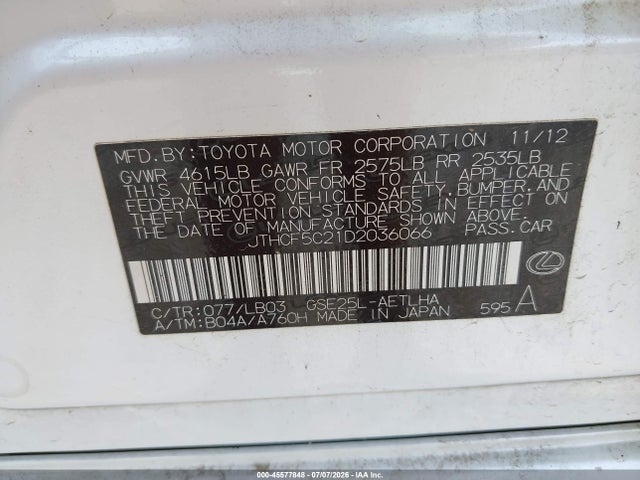 2013 Lexus Is 250 მანქანა იყიდება აუქციონზე, vin: JTHCF5C21D2036066, აუქციონის ნომერი: 45577848