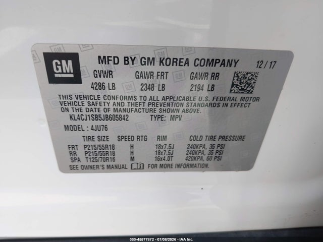 2018 Buick Encore Sport Touring მანქანა იყიდება აუქციონზე, vin: KL4CJ1SB5JB605842, აუქციონის ნომერი: 45577872