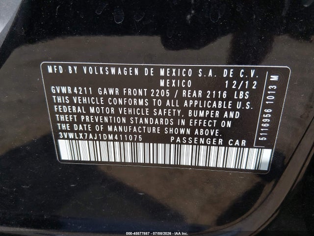 Aukcja sprzedaży 2013 Volkswagen Jetta 2.5l Sel, vin: 3VWLX7AJ1DM411075, numer aukcji: 45577887