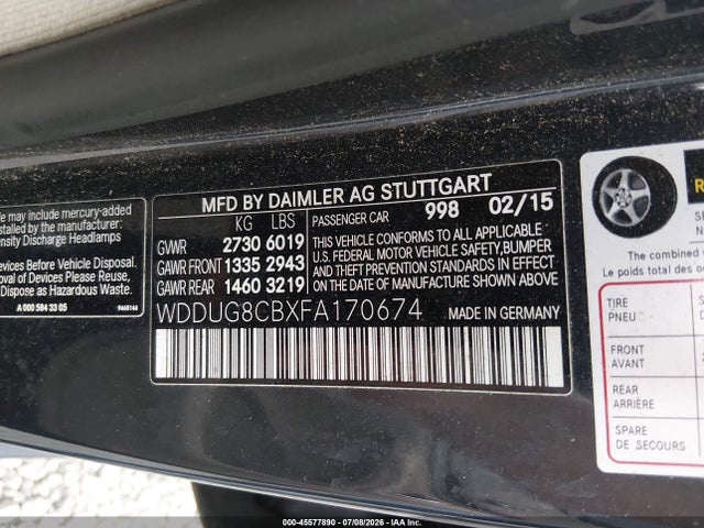 Aukcja sprzedaży 2015 Mercedes-benz S 550, vin: WDDUG8CBXFA170674, numer aukcji: 45577890