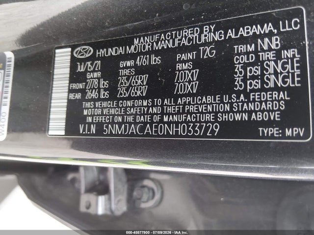 2022 Hyundai Tucson Se მანქანა იყიდება აუქციონზე, vin: 5NMJACAE0NH033729, აუქციონის ნომერი: 45577900