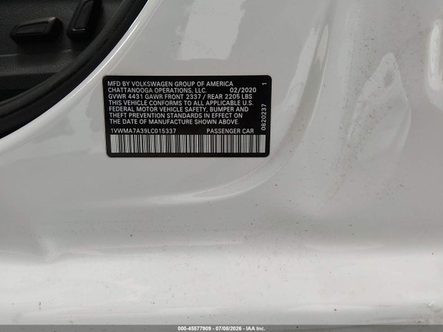 Продаж на аукціоні авто 2020 Volkswagen Passat 2.0t R-line, vin: 1VWMA7A39LC015337, номер лоту: 45577909