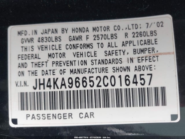 45577914 :رقم المزاد ، JH4KA96652C016457 vin ، 2002 Acura Rl 3.5 مزاد بيع