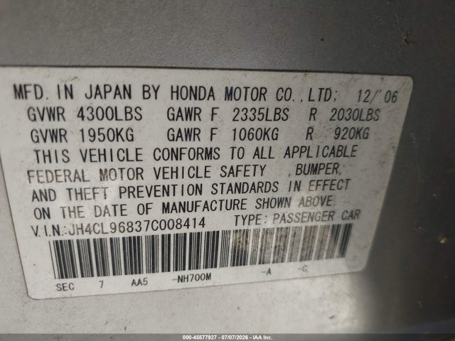 Продажа на аукционе авто 2007 Acura Tsx, vin: JH4CL96837C008414, номер лота: 45577927