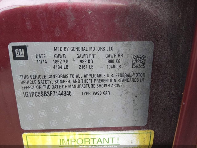 Продаж на аукціоні авто 2015 Chevrolet Cruze 1lt Auto, vin: 1G1PC5SB3F7144846, номер лоту: 45577939