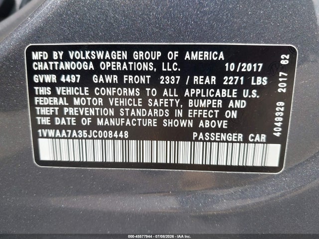 45577944 :رقم المزاد ، 1VWAA7A35JC008448 vin ، 2018 Volkswagen Passat 2.0t R-line/2.0t S مزاد بيع