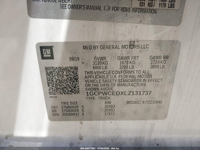 45577962 :رقم المزاد ، 1GCPWCEDXLZ131737 vin ، 2020 Chevrolet Silverado 1500 2wd  Short Bed Lt مزاد بيع
