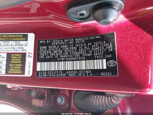 2017 Toyota Camry Se მანქანა იყიდება აუქციონზე, vin: 4T1BF1FKXHU679538, აუქციონის ნომერი: 45577967