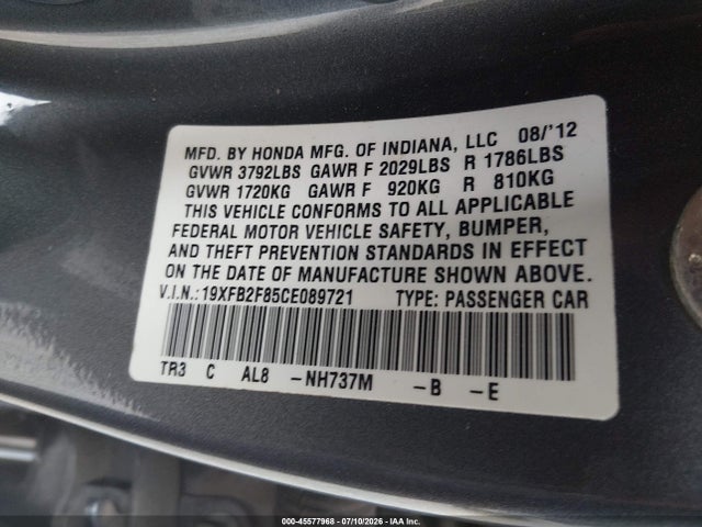 45577968 :رقم المزاد ، 19XFB2F85CE089721 vin ، 2012 Honda Civic Ex مزاد بيع