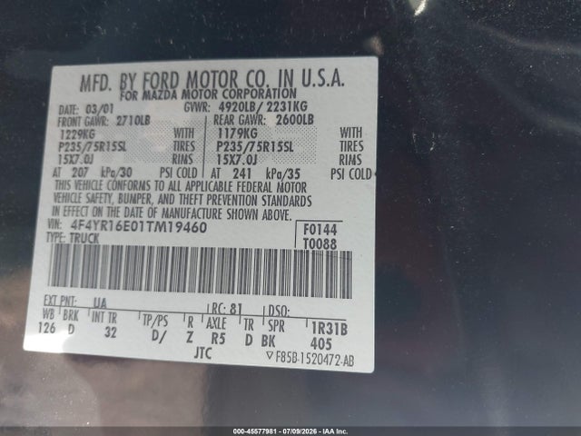 Продаж на аукціоні авто 2001 Mazda B3000 Ds/se, vin: 4F4YR16E01TM19460, номер лоту: 45577981
