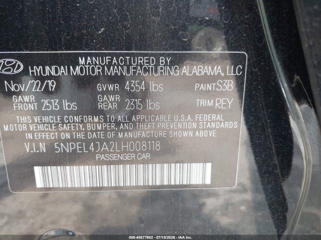 45577982 :رقم المزاد ، 5NPEL4JA2LH008118 vin ، 2020 Hyundai Sonata Sel مزاد بيع