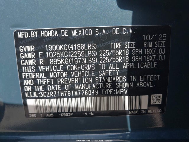 Продаж на аукціоні авто 2026 Honda Hr-v 2wd Ex-l, vin: 3CZRZ1H79TM726049, номер лоту: 45577985