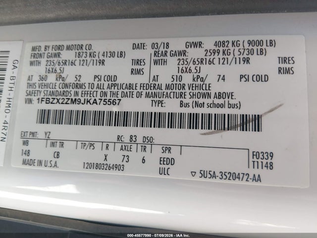 1FBZX2ZM9JKA75567 Ford Transit-350 Xl