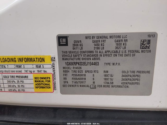 Продаж на аукціоні авто 2014 Gmc Acadia Sle-2, vin: 1GKKRPKD2EJ194463, номер лоту: 45578016
