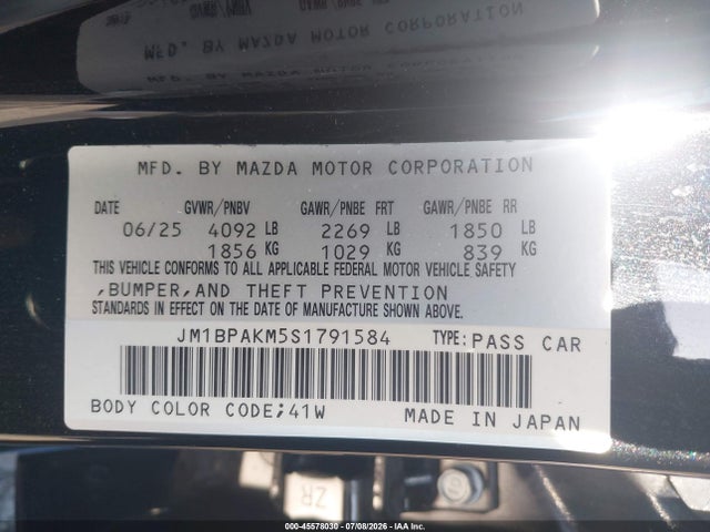 2025 Mazda Mazda3 მანქანა იყიდება აუქციონზე, vin: JM1BPAKM5S1791584, აუქციონის ნომერი: 45578030