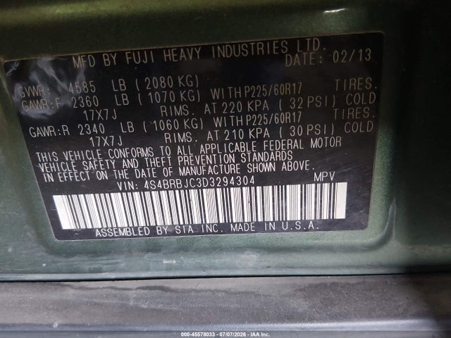 45578033 :رقم المزاد ، 4S4BRBJC3D3294304 vin ، 2013 Subaru Outback 2.5i Limited مزاد بيع