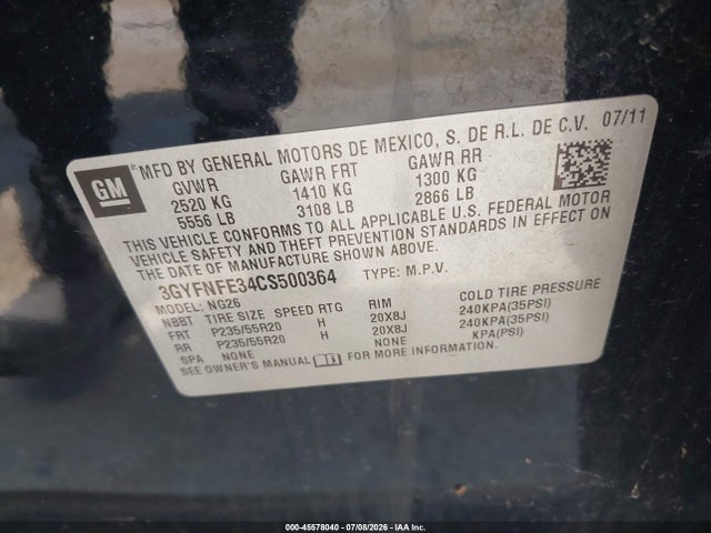Продаж на аукціоні авто 2012 Cadillac Srx Premium Collection, vin: 3GYFNFE34CS500364, номер лоту: 45578040