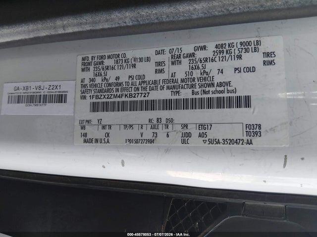Продажа на аукционе авто 2015 Ford Transit-350 Xlt, vin: 1FBZX2ZM4FKB27727, номер лота: 45578053