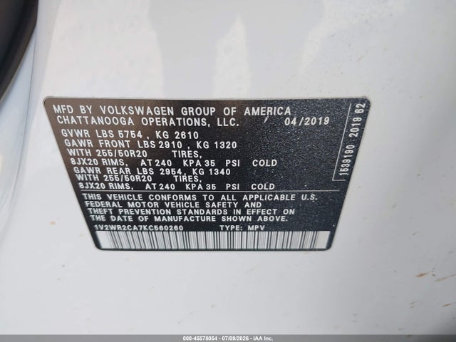 Продажа на аукционе авто 2019 Volkswagen Atlas 3.6l V6 Se W/technology, vin: 1V2WR2CA7KC560260, номер лота: 45578054